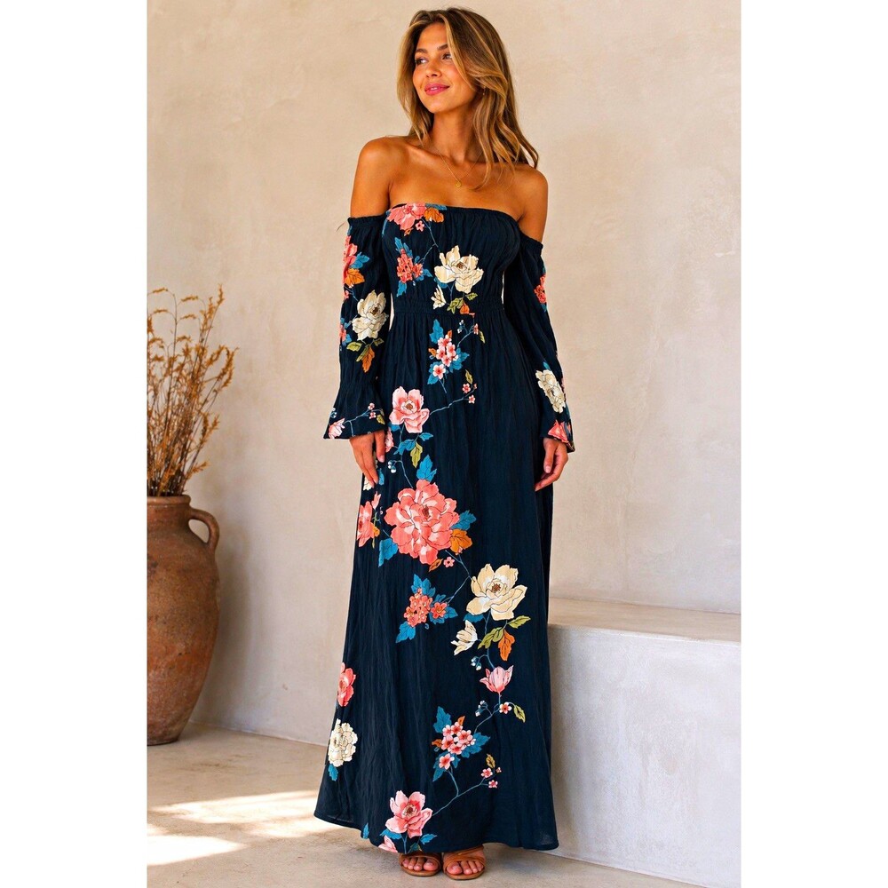 Billabong Black Multicolor Floral Off Shoulder Long Sleeve Maxi Dress Size M